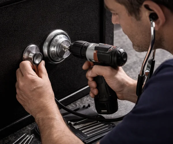 Cerrajero profesional realizando la apertura de cajas fuertes en Torremolinos con herramientas especializadas